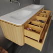 Saniclass Terra Meuble sous lavabo - 140cm - 4 tiroirs - lavabo solid surface - 2 vasques - sans trous de robinet - coins arrondis - sandwood (Chene clair) SW1447036