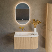 MONDIAZ KURVE-DLUX meuble de salle de bains 75cm avec module 25 R couleur Oak avec 1 tiroir et 1 porte. Lavabo GRUNNE gauche sans trou de robinet couleur Frappe. SW1138549