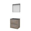 Basic-Line ensemble de meubles de salle de bain 60x46cm sans poignée 2 tiroirs vasque en pierre dure 1 trou de robinetterie miroir cadre aluminium noir mat tout autour mfc scotch oak SW639301