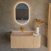 MONDIAZ KURVE-DLUX meuble de salle de bains 95cm courbure droite couleur chêne avec 1 tiroir et 1 porte. Lavabo BIG SMALL gauche 1 trou de robinet Saba. SW1433056