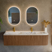 MONDIAZ KURVE-DLUX 165cm Meuble salle de bain avec module 25 D - couleur Walnut - 2 tiroirs - 1 porte - vasque STOR SMALL double / gauche - 2 trous de robinet - couleur Glace SW1138110