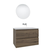 Adema Chaci Meuble salle de bain - 80x46x55cm - 1 vasque en céramique blanche- sans trou de robinet - 2 tiroirs - miroir rond avec éclairage - Noyer SW816267