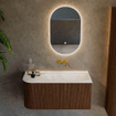 MONDIAZ KURVE-DLUX meuble de salle de bains 95cm avec module 25 L couleur Noyer avec 1 tiroir et 1 porte. Lavabo BIG SMALL à droite sans trou de robinet couleur Ostra. SW1137812