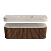 MONDIAZ THOR-DLUX 140cm badmeubel ronding links + rechts kleur Walnut met 1 lade en 2 deuren. Vrijhangende wastafel CLOUD Midden zonder kraangat kleur Nata. SW1464410