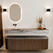 MONDIAZ THOR-DLUX 160cm badmeubel ronding links + rechts kleur Walnut met 1 lade en 2 deuren. Vrijhangende wastafel CLOUD Links zonder kraangat kleur Sombra. SW1465392