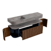 MONDIAZ THOR-DLUX 150cm badmeubel ronding links + rechts kleur Walnut met 1 lade en 2 deuren. Vrijhangende wastafel CLOUD Links zonder kraangat kleur Oza. SW1464836