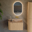 MONDIAZ KURVE-DLUX Meuble de salle de bains 75cm arrondi à gauche couleur Chêne avec 1 tiroir et 1 porte. Lavabo GRUNNE à droite sans trou de robinet Arena. SW1431462