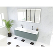 HR Matrix ensemble meuble de salle de bain 3d 140cm 2 tiroirs sans poignée avec bandeau de poignée couleur pétrole mat avec lavabo fin 2 trous de robinetterie blanc mat SW857137