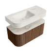 MONDIAZ THOR-DLUX 100cm badmeubel ronding links + rechts kleur Walnut met 1 lade en 2 deuren. Vrijhangende wastafel CLOUD Links 1 kraangat kleur Ostra. SW1467385