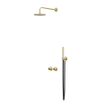 IVY Tribe Ensemble de douche pluie - encastrable - symétrie - 2 voies inverseur avec robinet d'arrêt - bras mural 40 cm - pomme de douche medium 20 cm - support avec sortie - flexible de douche 150 cm - douchette stick - inox 316 - Or mat brossé PVD SW1032232