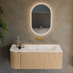 MONDIAZ KURVE-DLUX 115cm meuble de salle de bains avec module 25 L couleur Oak avec 1 tiroir et 1 porte. Lavabo BIG SMALL à droite sans trou de robinet couleur Frappe. SW1137318