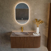 MONDIAZ KURVE-DLUX meuble de salle de bains 95cm arrondi à droite couleur noyer avec 1 tiroir et 1 porte. Vasque BIG SMALL gauche 1 trou de robinetterie Sombra. SW1433642