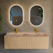 MONDIAZ KURVE-DLUX Meuble de salle de bains 140cm couleur Oak avec 2 tiroirs et 0 portes. Lavabo STOR SMALL Double 2 trous de robinet Saba. SW1433123