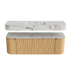MONDIAZ THOR-DLUX 140cm badmeubel ronding links + rechts kleur Oak met 1 lade en 2 deuren. Vrijhangende wastafel CLOUD Midden 1 kraangat kleur Glace. SW1463918