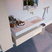 Mondiaz ALAN-DLUX Ensemble de meuble - 130cm - meuble Linen mat - 1 tiroir - Lavabo Cloud Opalo suspendu - vasque Droite - 0 trous de robinet SW806622