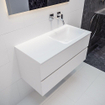 ENSEMBLE DE MEUBLE MONDIAZ VICA - 100cm - 2 tiroirs - lavabo Cloud à droite - 0 trous de robinet - solid surface talc SW409838