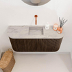 Mondiaz JOYA-DLUX 83.2cm meuble de toilette - arrondis gauche et droite couleur Noyer - Vasque FAYE position Milieu Sans trou de robinet couleur Glace. SW1422400