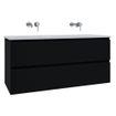 Saniclass Chaci Ensemble meuble de salle de bains - 120x46x55cm - vasque en céramique blanche - 2 lavabos - sans trous de robinetterie - 2 tiroirs - miroir rond avec éclairage - noir mat SW816496