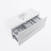 MONDIAZ VICA meuble sous lavabo 120cm Talc 2 tiroirs. Lavabo MOON centre 1 trou de robinet, couleur Talc. SW1381917
