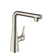 Hansgrohe Metris Select Robinet de cuisine 260 avec portée de rotation réglable bec 110°.150° ou 360° avec bouton Select pour fonction pause aspect inox SW95055