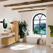MONDIAZ THOR-DLUX Meuble de salle de bains 100cm arrondi gauche + droite couleur Oak avec 1 tiroir et 2 portes. Vasque suspendue CLOUD Gauche sans trou de robinet couleur Arena. SW1467531