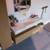 Mondiaz ALAN-DLUX Ensemble de meuble - 130cm - meuble Oro mat - 1 tiroir - Lavabo Cloud Frappe suspendu - vasque Centre - 0 trous de robinet SW805600