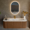 MONDIAZ KURVE-DLUX 130cm Meuble salle de bain avec module 25 G et D - couleur Walnut - 1 tiroir - 2 portes - vasque BIG SMALL centre - 1 trou de robinet - couleur Glace SW1138033