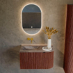 MONDIAZ KURVE-DLUX Meuble de salle de bains 75cm arrondi à droite couleur Ruby avec 1 tiroir et 1 porte. Lavabo GRUNNE à gauche sans trou de robinet Sombra. SW1433915