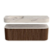 MONDIAZ THOR-DLUX 140cm badmeubel ronding links + rechts kleur Walnut met 1 lade en 2 deuren. Vrijhangende wastafel CLOUD Links zonder kraangat kleur Nata. SW1464458