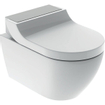 Geberit AquaClean Tuma WC japonais suspendu blanc sans bride avec plaque décorative inox brossé et panneau de commande mural blanc brillant SW809477