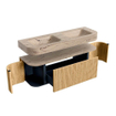 MONDIAZ THOR-DLUX 140cm meuble de salle de bains arrondi gauche + droite couleur Oak avec 1 tiroir et 2 portes. Vasque suspendue CLOUD Double sans trou de robinet couleur Arena. SW1464460