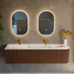 MONDIAZ KURVE-DLUX 175cm Meuble salle de bain avec module 25 D - couleur Walnut - 2 tiroirs - 1 porte - vasque STOR SMALL double / gauche - 2 trous de robinet - couleur Glace SW1138117