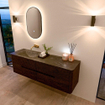 Mondiaz CIRO-DLUX Meuble de salle de bains - 160x45x50cm - Plan vasque solid surface Lava - 1 lavabo à gauche - sans trous de robinet - 4 tiroirs - Noyer SW1530231