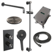 Ensemble de douche pluie encastré Brauer Gunmetal Carving - douche principale 20 cm - bouton Carving - douchette ronde 3 positions - glissière - PVD - gunmetal brossé SW716025