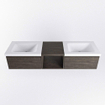Mondiaz BUKLA Ensemble de meuble salle de bain - 160x45x34cm - 0 trous de robinet - 2 lavabos solid surface - Talc - sans poignée - 2 tiroirs - Mélamine - Marron foncé SW705082
