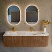 MONDIAZ KURVE-DLUX 155cm Meuble salle de bain avec module 25 D - couleur Walnut - 2 tiroirs - 1 porte - vasque LEAF double / gauche - 2 trous de robinet - couleur Glace SW1138071