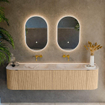MONDIAZ KURVE-DLUX Meuble de salle de bains 180cm arrondi gauche + droite couleur chêne avec 2 tiroirs et 2 portes. Lavabo LEAF double sans trou de robinet Nata. SW1432125