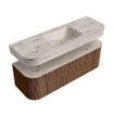 MONDIAZ THOR-DLUX 140cm badmeubel ronding links + rechts kleur Walnut met 1 lade en 2 deuren. Vrijhangende wastafel CLOUD Midden zonder kraangat kleur Nata. SW1464410