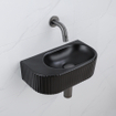 QeramiQ Fuente Ensemble de Lavabo - 40x21.5x12cm - strié - demi-rond - céramique - ensemble de robinet gunmetal - bouchon de vidange - siphon abaissé - noir mat SW1233120