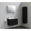 Basic Bella Meuble salle de bains avec lavabo céramique Blanc avec armoire toilette 2 portes gris 80x55x46cm 1 trou de robinet Noir mat SW491905