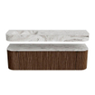 MONDIAZ THOR-DLUX 160cm badmeubel ronding links + rechts kleur Walnut met 1 lade en 2 deuren. Vrijhangende wastafel CLOUD Links 1 kraangat kleur Glace. SW1465024