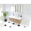 HR Matrix ensemble meuble de salle de bain 3d 120cm 2 tiroirs sans poignée avec bandeau en couleur chêne français avec vasque kube double 2 robinets blanc SW857096