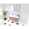 HR Matrix ensemble meuble de salle de bain 3d 100cm 1 tiroir sans poignée avec bandeau couleur chêne français avec vasque djazz 2 robinets blanc SW857070