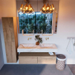 Mondiaz ALAN-DLUX Ensemble de meuble - 130cm - meuble Washed Oak mat - 2 tiroirs - Lavabo Cloud Frappe suspendu - vasque Gauche et droite - 0 trous de robinet SW809193