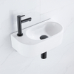 QeramiQ Fuente Ensemble lave-mains - 40x21,5x12cm - gauche - lisse - semi-rond - 1 trou de robinet - céramique - robinet de lave-mains noir mat - bouchon de vidage - siphon abaissé - blanc brillant SW1232790