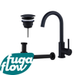 FugaFlow Eccelente Sobrado Badkamer Wastafelkraanset - hoge wastafelkraan - draaibare uitloop - always open plug - verlaagde design sifon - Mat zwart SW1124203