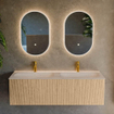 MONDIAZ KURVE-DLUX Meuble de salle de bains 140 cm couleur Oak avec 2 tiroirs et 0 porte. Lavabo STOR SMALL Double 2 trous de robinet Meli. SW1431652