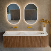 MONDIAZ KURVE-DLUX 145cm Meuble salle de bain avec module 25 D - couleur Walnut - 1 tiroir - 1 porte - vasque LEAF double / gauche - sans trou de robinet - couleur Opalo SW1137693