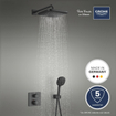 Grohe Precision Ensemble de douche complet - douchette de 11 cm - 2 types de jets - tête de douche 25 cm - mitigeur de douche encastré thermostatique - carré - avec inverseur - noir mat. SW1126884