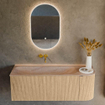 MONDIAZ KURVE-DLUX meuble de salle de bains 125cm arrondi à droite couleur chêne avec 1 tiroir et 1 porte. Vasque BIG MEDIUM à gauche sans trou de robinetterie Saba. SW1433076
